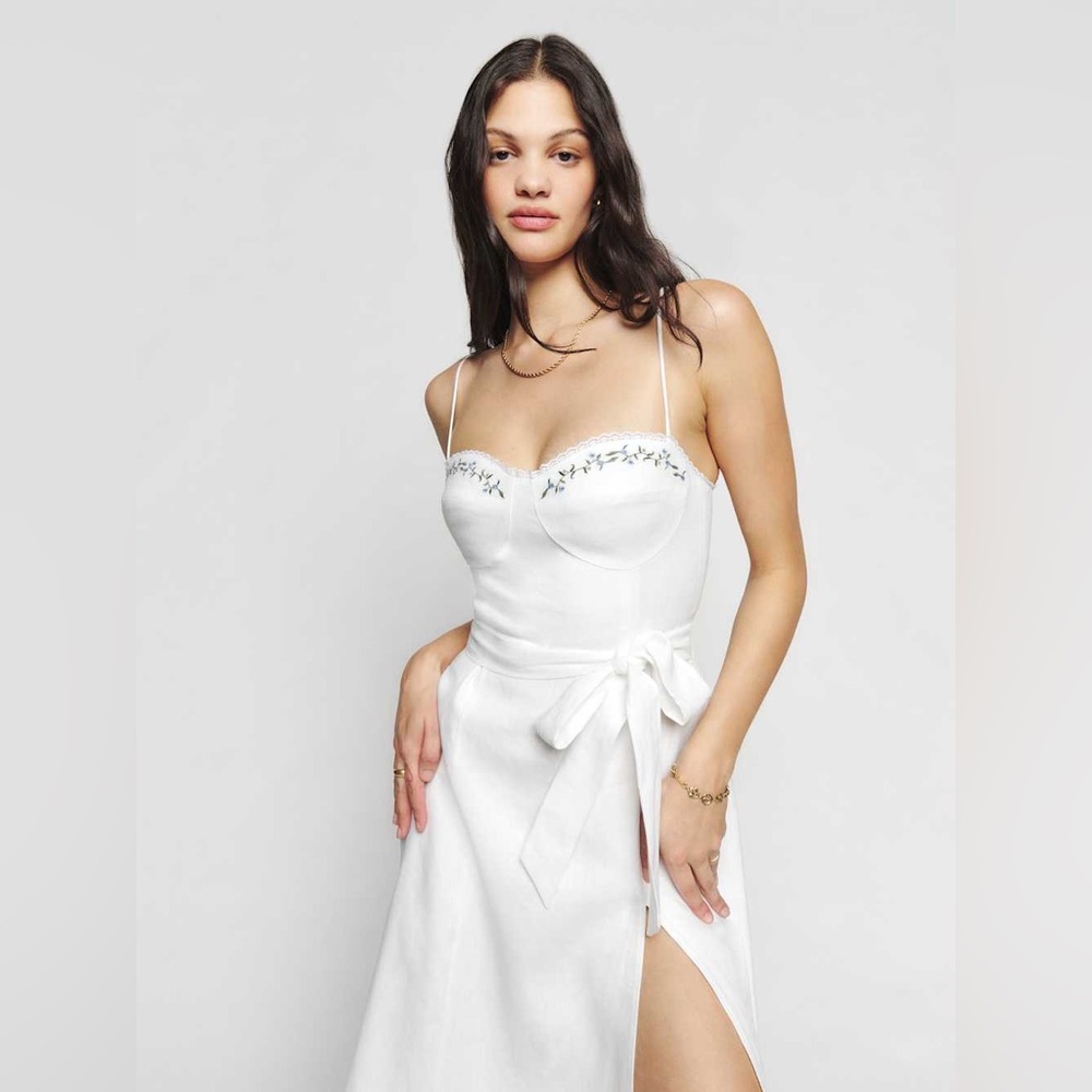 Reformation White Spaghetti-Strap Midi Dress with Bow & Embroidered Bust